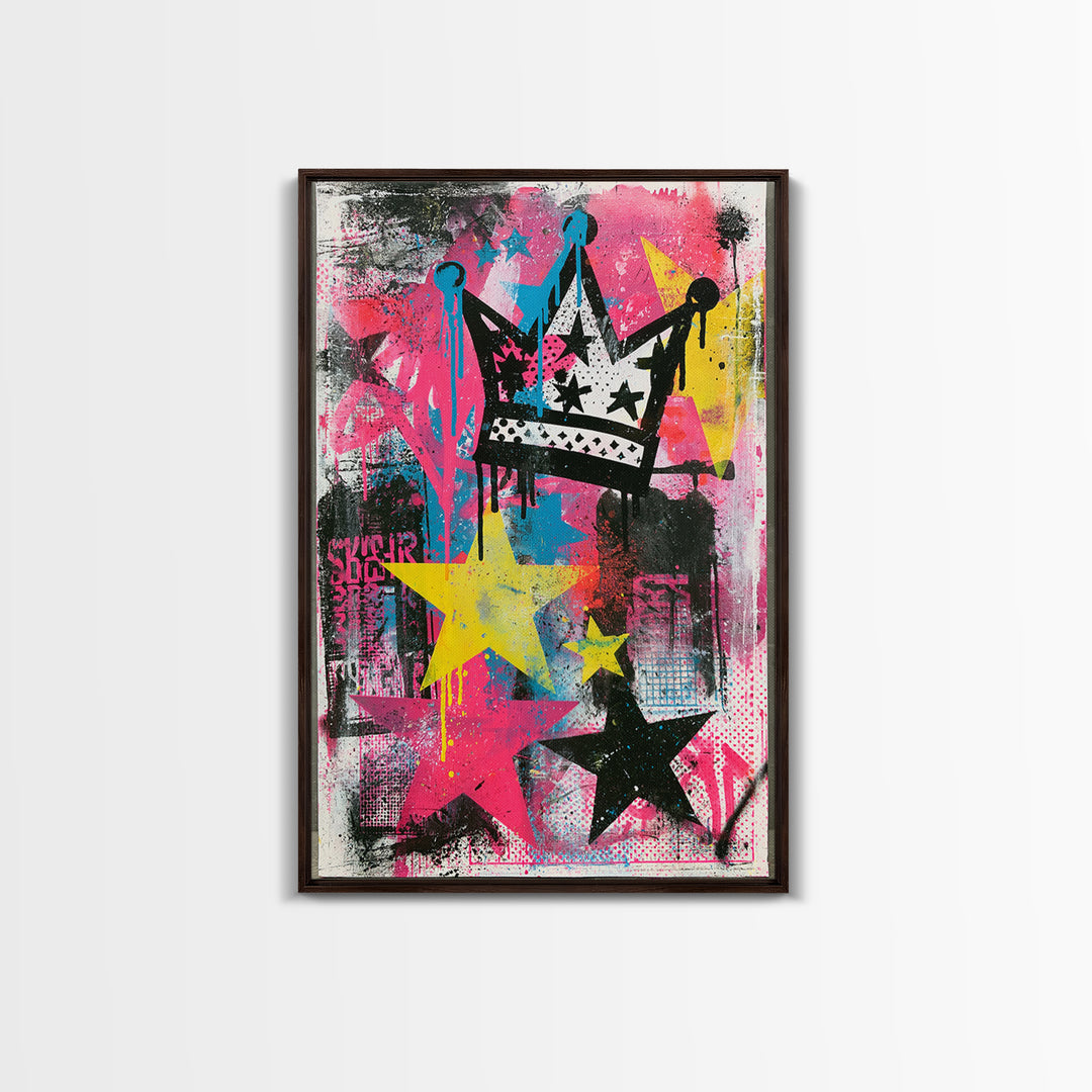 Drippy Crown and Stars Composition Framed Canvas Print, Street Art, Canvas Painting, Living Room Decor, Fine Art, Urban, STR-2x3-28