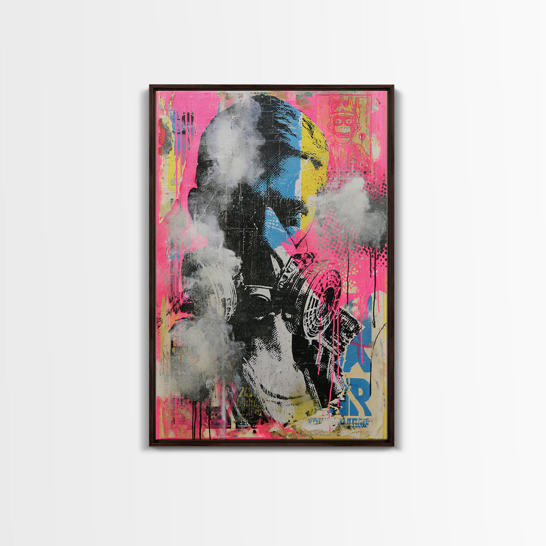 Masked Figure Surrounded by Aerosol Clouds Framed Canvas Print, Street Art, Luxury Decor, Living Room Decor, Fine Art, Urban, STR-2x3-44