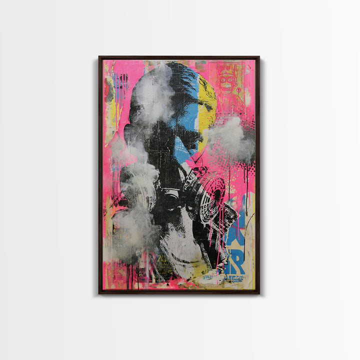 Masked Figure Surrounded by Aerosol Clouds Framed Canvas Print, Street Art, Luxury Decor, Living Room Decor, Fine Art, Urban, STR-2x3-44