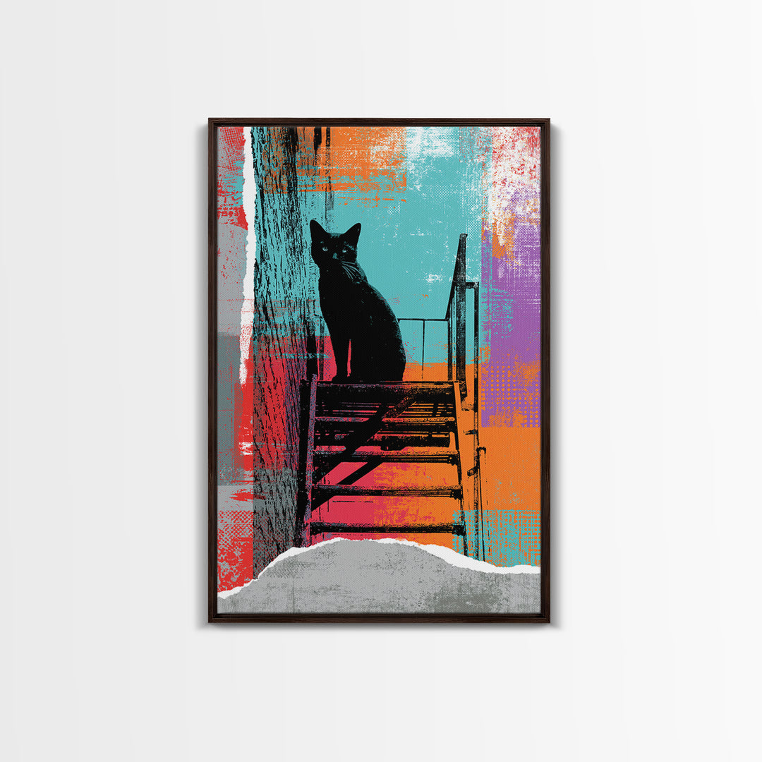 Black Cat on Fire Escape Silhouette Framed Canvas Print, Street Art, Wall Hangings, Living Room Decor, Oil Painting, Urban, STR-2x3-51
