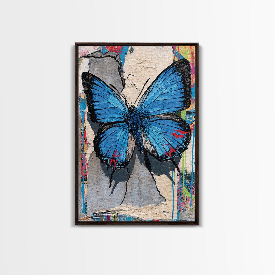 Spray Painted Butterfly on Cracked Concrete Framed Canvas Print, Street Art, Canvas, Living Room Decor, Fine Art, Urban, STR-2x3-55