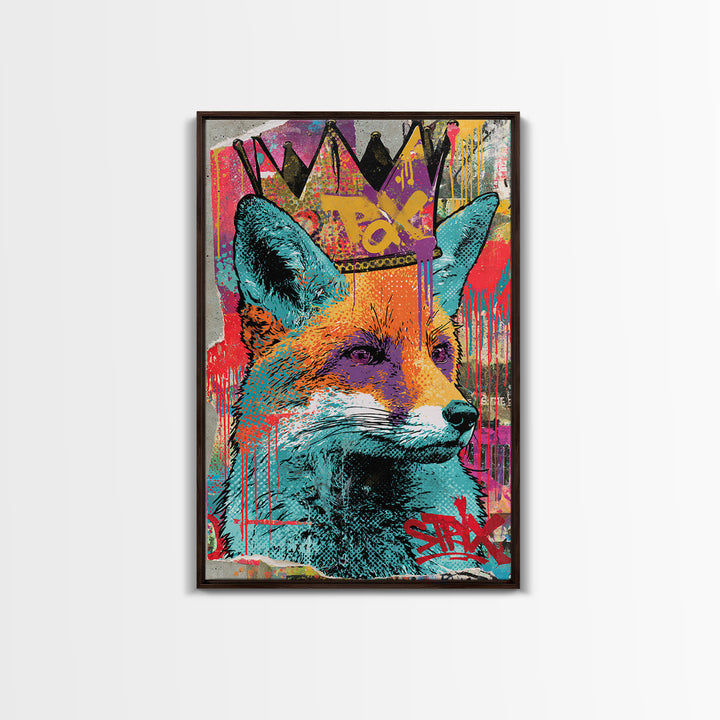 Urban Fox Wearing a Crown of Spray Canvas Print, Street Art, Artwork, Living Room Decor, Urban, Pop Art, Banksy Wall Art, STR-2x3-58