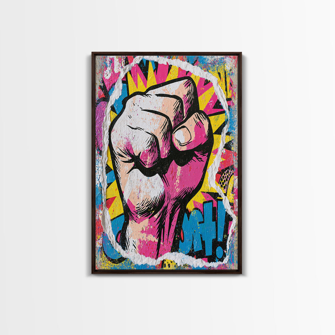 Comic Fist Breaking Through Color Framed Canvas Print, Street Art, Abstract Painting, Living Room Decor, Fine Art, Urban, STR-2x3-69