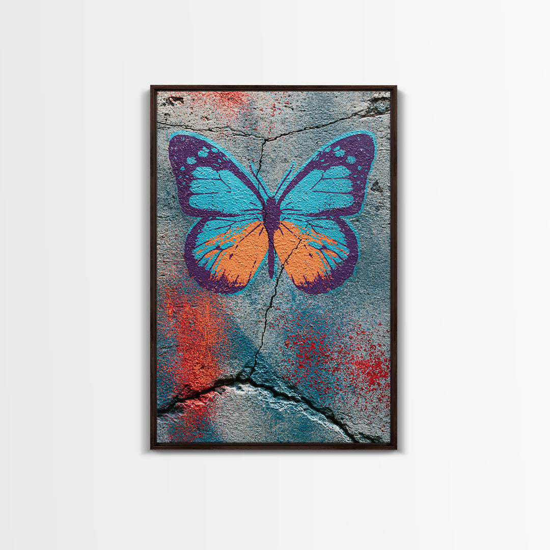 Spray Painted Butterfly on Cracked Concrete Canvas Print, Street Art, Abstract Art, Living Room Decor, Fine Art, Urban, STR-2x3-79