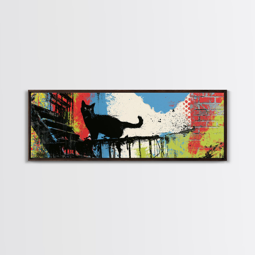 Black Cat on Fire Escape Silhouette Canvas Print, Street Art, Graffiti Art, Living Room Decor, Watercolor Art, Urban, STR-3x1-11
