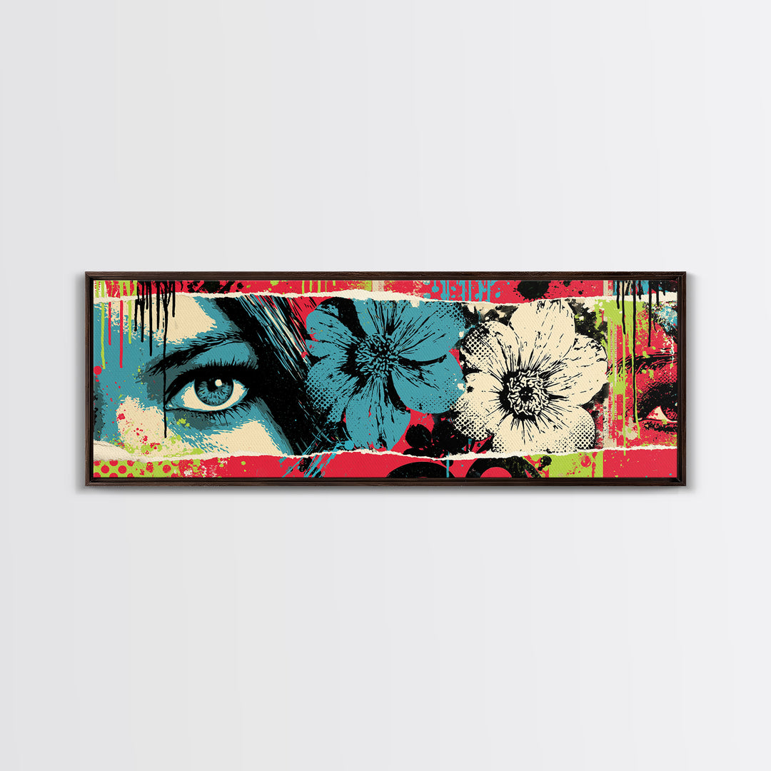 Paste Up Collage of Flowers and Eyes Framed Canvas Print, Street Art, Bar Art, Living Room Decor, Urban, Fine Art Print, STR-3x1-74