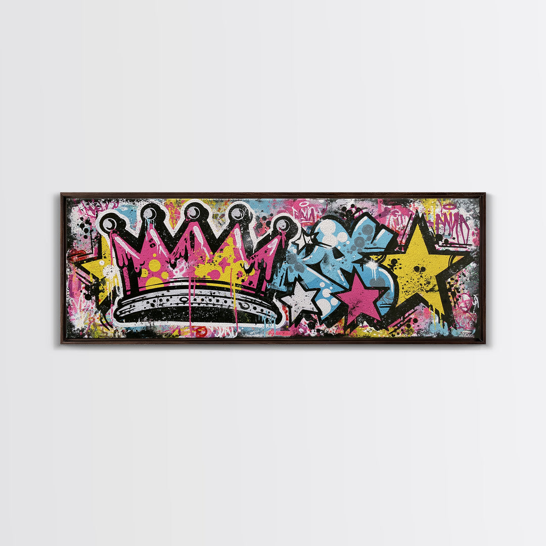 Drippy Crown and Stars Composition Framed Canvas Print, Street Art, Painting, Living Room Decor, Urban, Abstract Painting, STR-3x1-84
