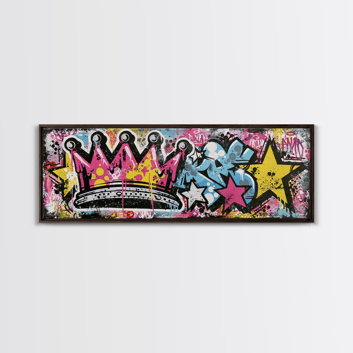 Drippy Crown and Stars Composition Framed Canvas Print, Street Art, Painting, Living Room Decor, Urban, Abstract Painting, STR-3x1-84