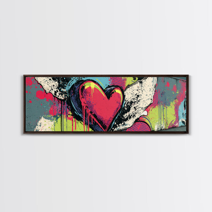 Neon Heart with Rough Drips Framed Canvas Print, Street Art, Canvas, Living Room Decor, Fine Art, Urban, Colorful Wall Art, STR-3x1-99