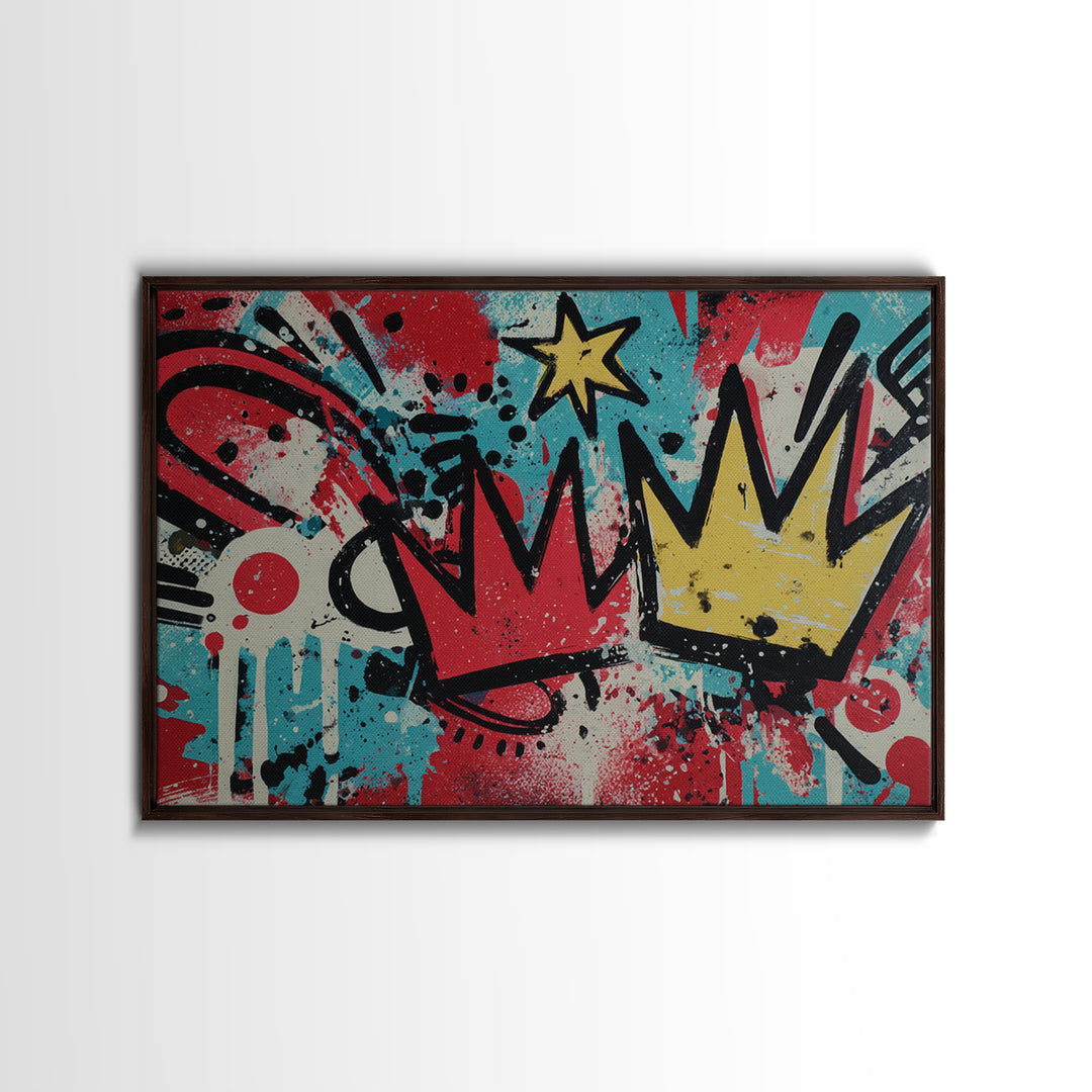 Drippy Crown and Stars Composition Framed Canvas Print, Street Art, Abstract, Living Room Decor, Fine Art, Urban, Luxury Decor, STR-3x2-24