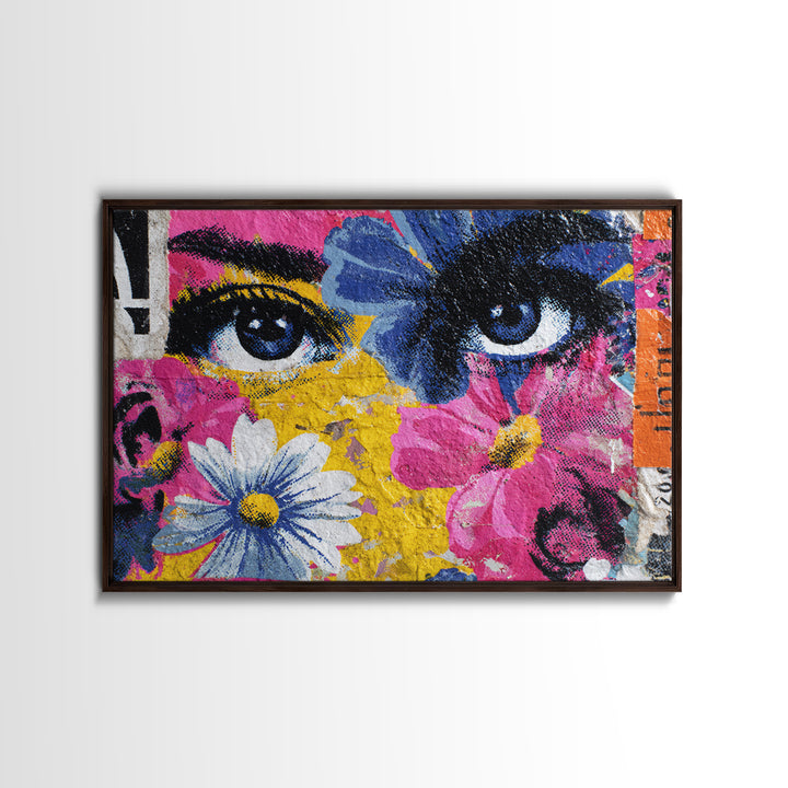 Paste Up Collage of Flowers and Eyes Canvas Print, Street Art, Abstract Painting, Living Room Decor, Watercolor Art, Urban, STR-3x2-38