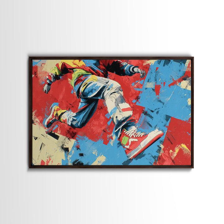 Breakdancer Frozen in Energetic Motion Framed Canvas Print, Street Art, Colorful Wall Art, Living Room Decor, Fine Art, Urban, STR-3x2-46
