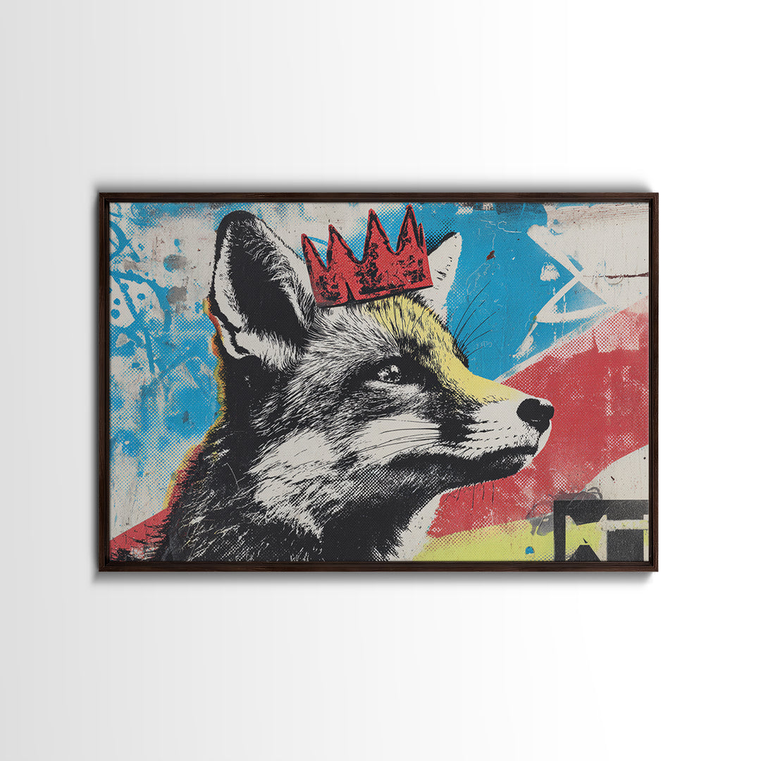Urban Fox Wearing a Crown of Spray Framed Canvas Print, Street Art, Modern Wall Art, Living Room Decor, Fine Art, Urban, STR-3x2-6