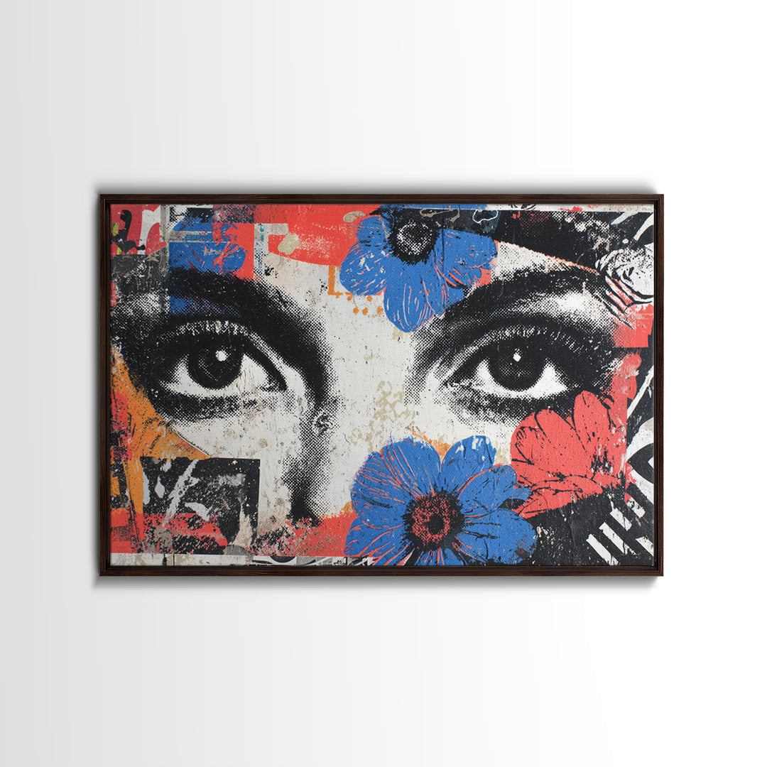 Paste Up Collage of Flowers and Eyes Canvas Print, Street Art, Abstract Painting, Living Room Decor, Watercolor Art, Urban, STR-3x2-62