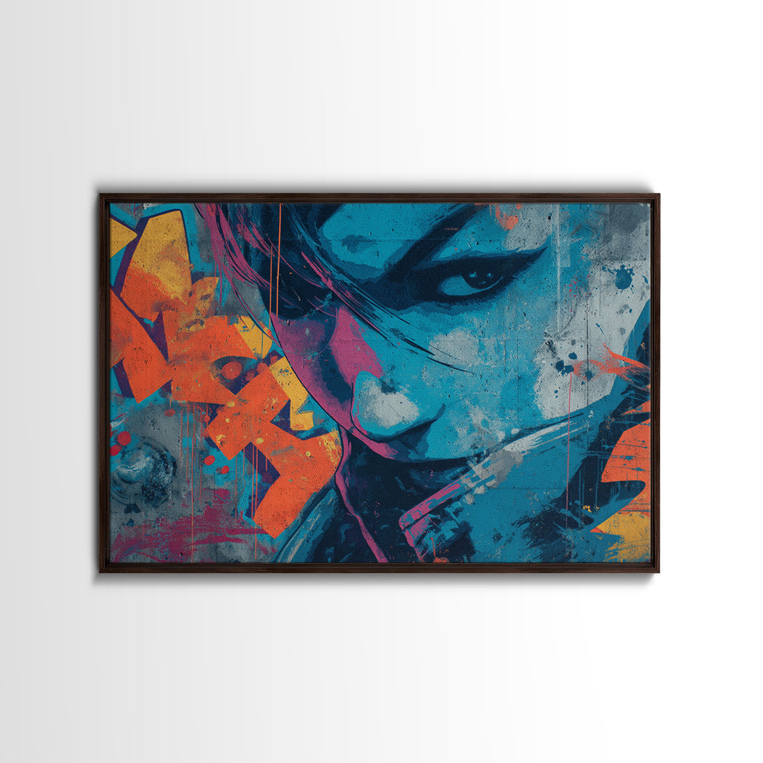 Masked Figure Surrounded by Aerosol Clouds Framed Canvas Print, Street Art, Textured Painting, Living Room Decor, Urban, STR-3x2-64