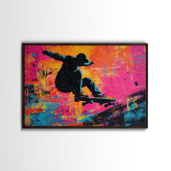 Skateboarder Silhouette over Neon Splashes Framed Canvas Print, Street Art, Original Art, Living Room Decor, Abstract Art, STR-3x2-7