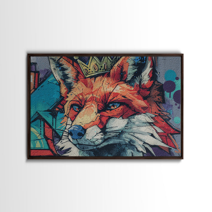Urban Fox Wearing a Crown of Spray Framed Canvas Print, Street Art, Contemporary Art, Living Room Decor, Fine Art, Urban, STR-3x2-78