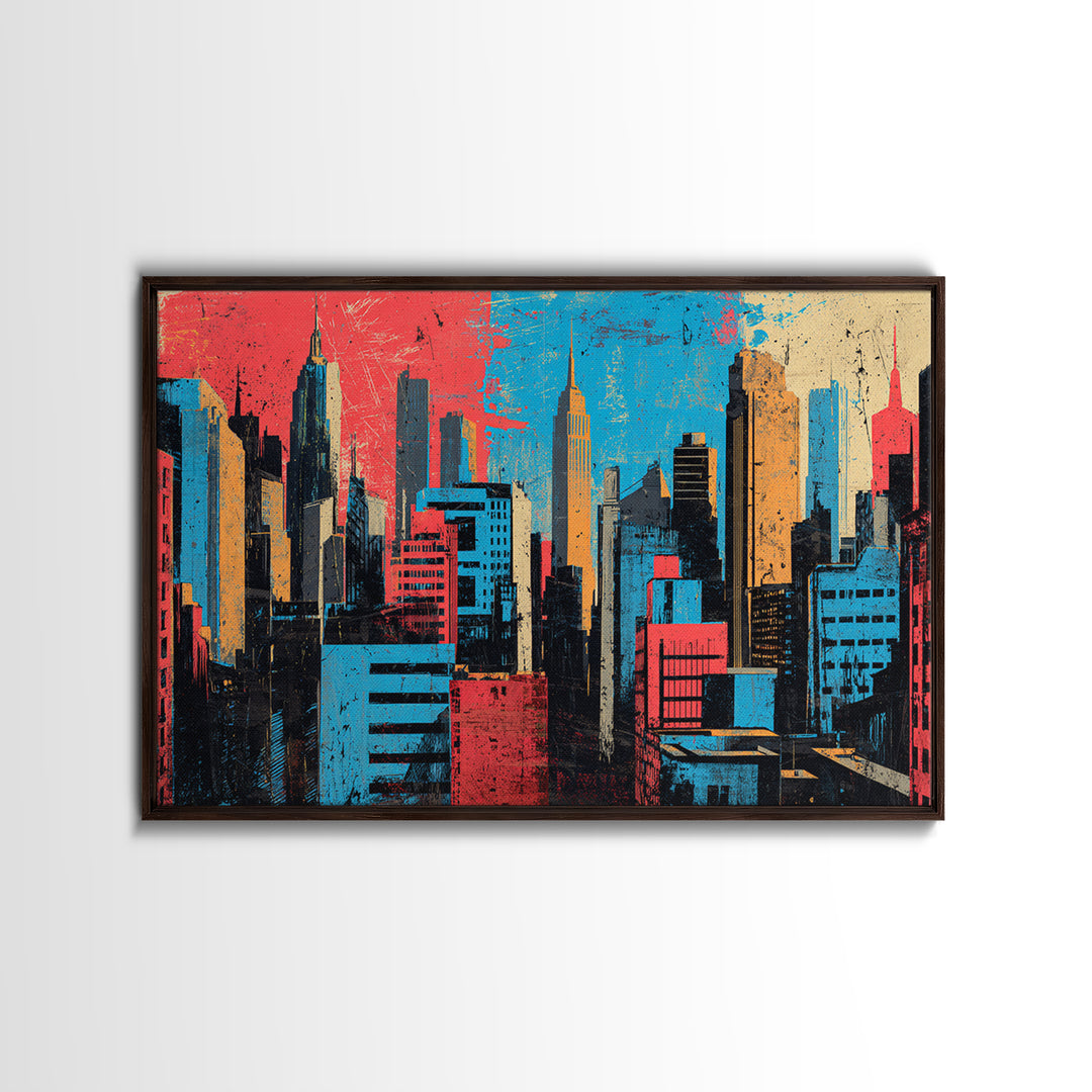 Urban Skyline Made from Stencil Layers Framed Canvas Print, Street Art, Abstract, Living Room Decor, Abstract Art, Urban, STR-3x2-90