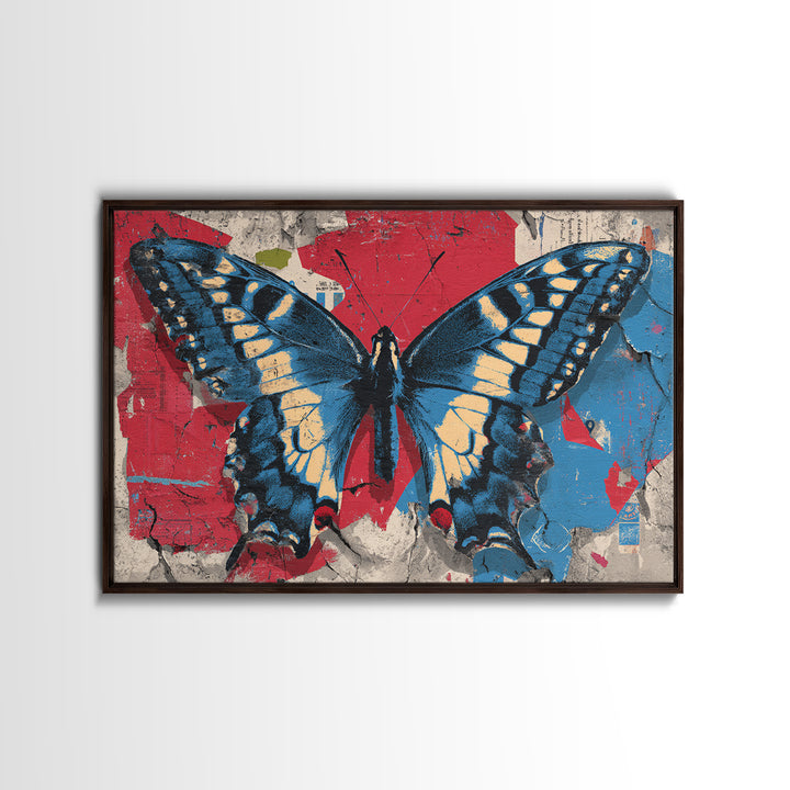 Spray Painted Butterfly on Cracked Concrete Framed Canvas Print, Street Art, Artwork, Living Room Decor, Fine Art, Urban, STR-3x2-99