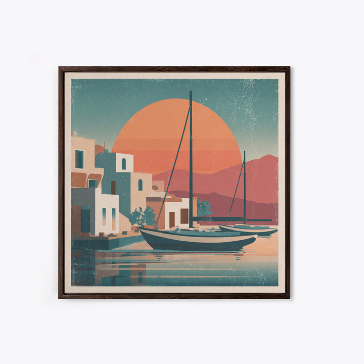 Greek Island Sailboat and Sun Poster Framed Canvas Print, Travel Poster(2), Luxury Decor, Living Room Decor, Fine Art, Voyage, TPO-1x1-40