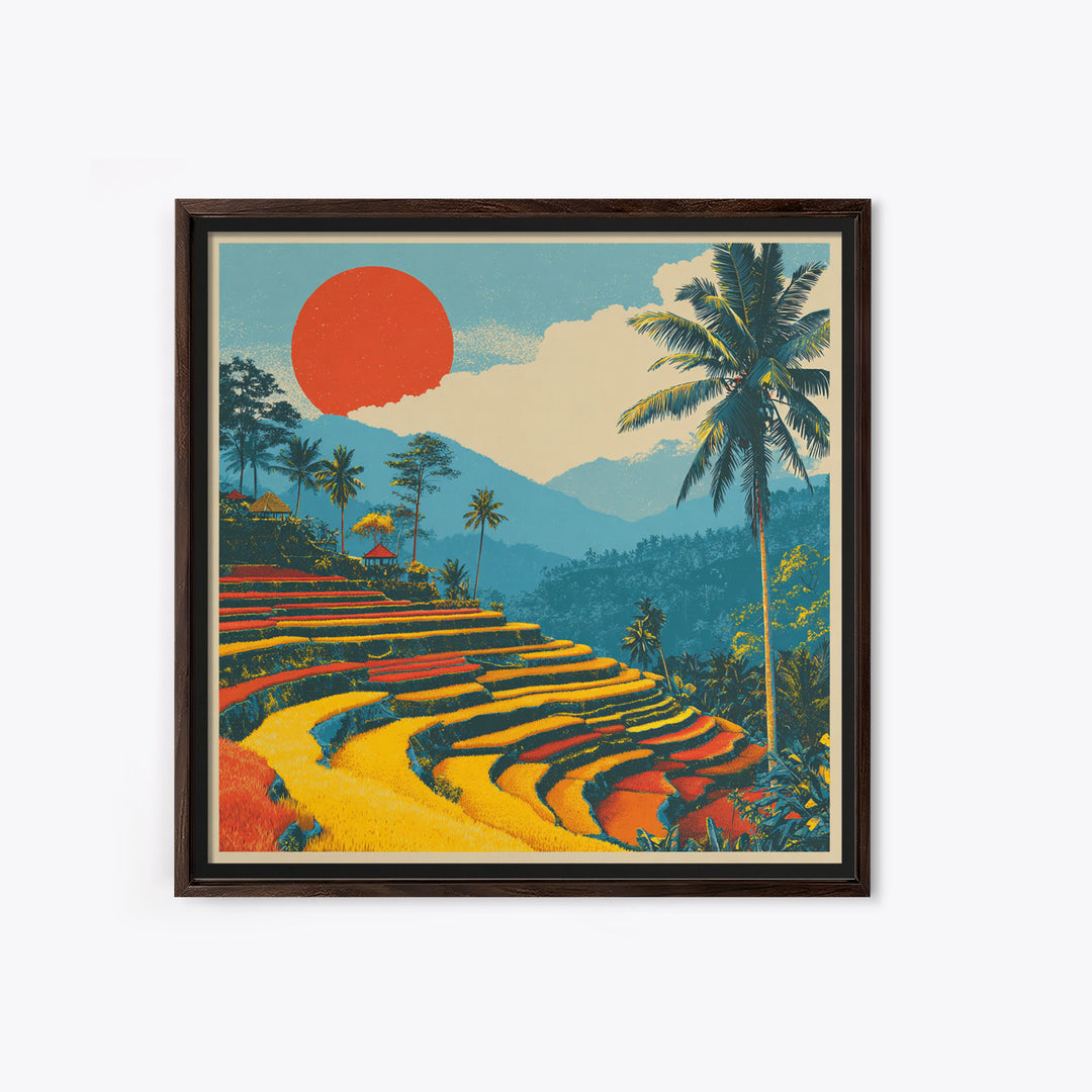 Bali Rice Terraces and Jungle Palms Framed Canvas Print, Travel Poster(2), Retro Poster, Living Room Decor, Fine Art, Voyage, TPO-1x1-61