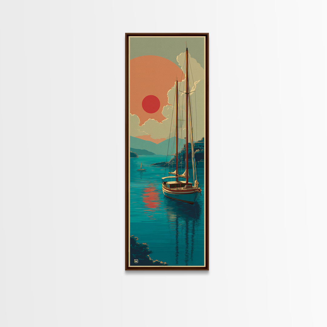 Greek Island Sailboat and Sun Poster Framed Canvas Print, Travel Poster(2), Modern Decor, Living Room Decor, Fine Art, Voyage, TPO-1x3-4