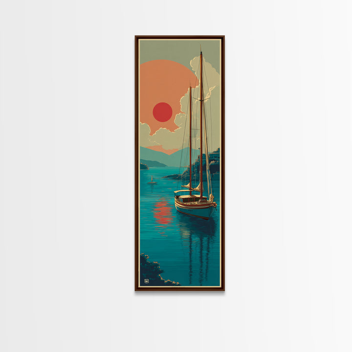 Greek Island Sailboat and Sun Poster Framed Canvas Print, Travel Poster(2), Modern Decor, Living Room Decor, Fine Art, Voyage, TPO-1x3-4