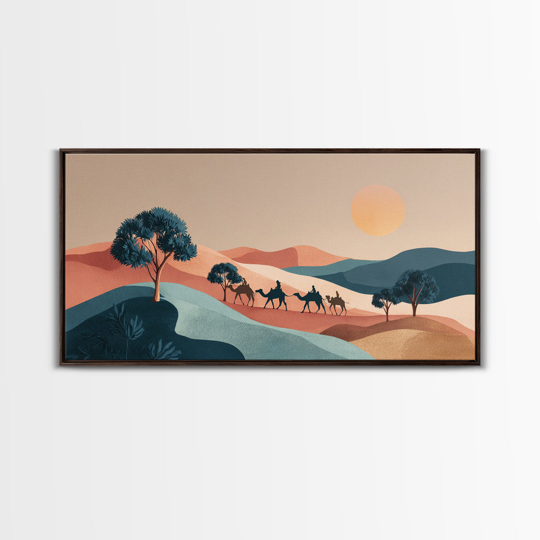 Moroccan Desert Caravan Travel Poster Framed Canvas Print, Travel Poster(2), Printable Art, Living Room Decor, Oil Painting, TPO-2x1-3