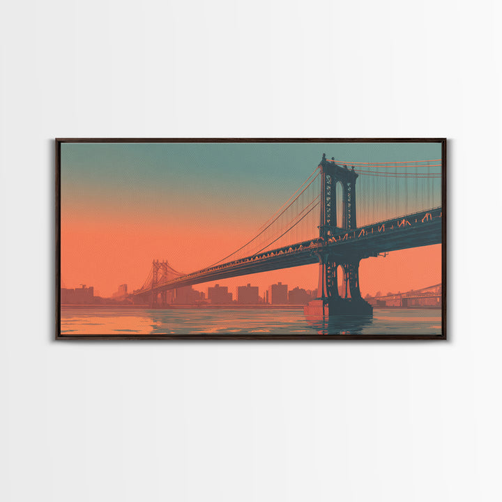 New York Bridge at Sunrise Framed Canvas Print, Travel Poster(2), Minimalist Decor, Living Room Decor, Fine Art, Voyage, TPO-2x1-50