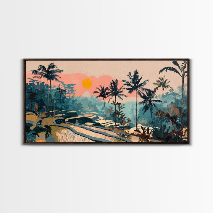 Bali Rice Terraces and Jungle Palms Framed Canvas Print, Travel Poster(2), Wall Hanging, Living Room Decor, Fine Art, Voyage, TPO-2x1-81