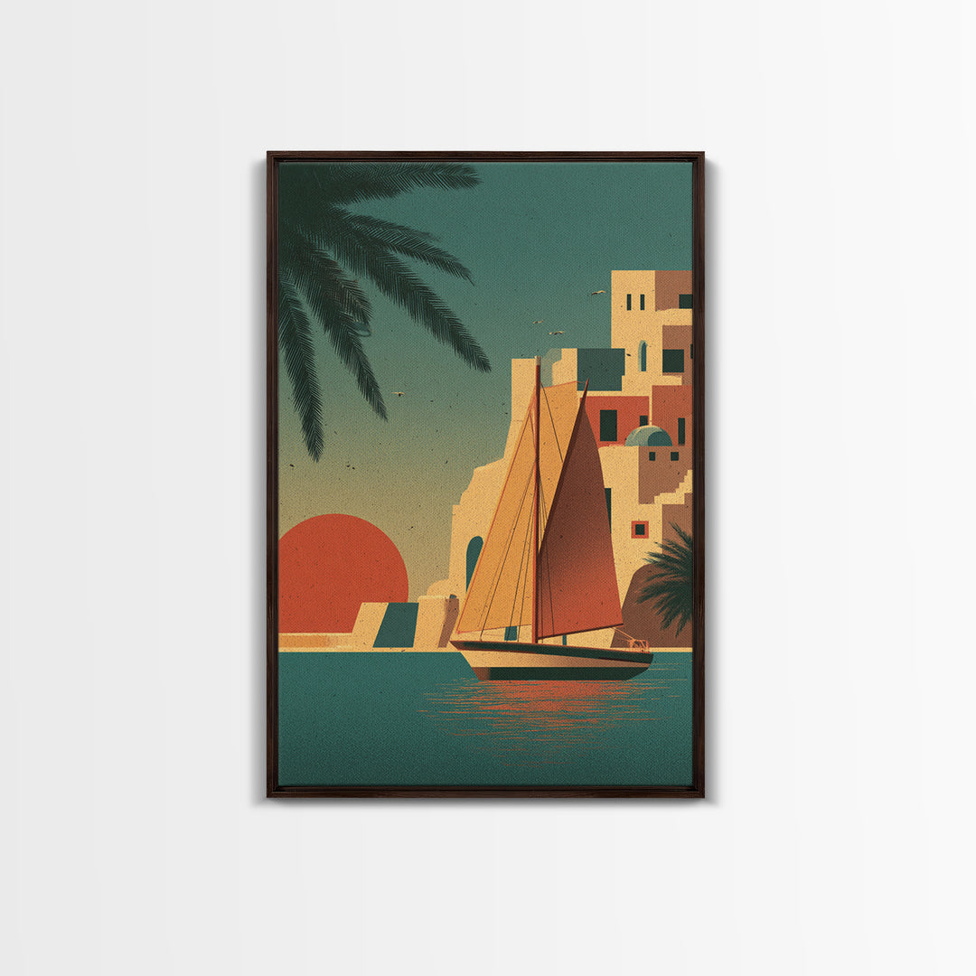 Greek Island Sailboat and Sun Poster Framed Canvas Print, Travel Poster(2), Map Print, Living Room Decor, Fine Art, Voyage, TPO-2x3-24