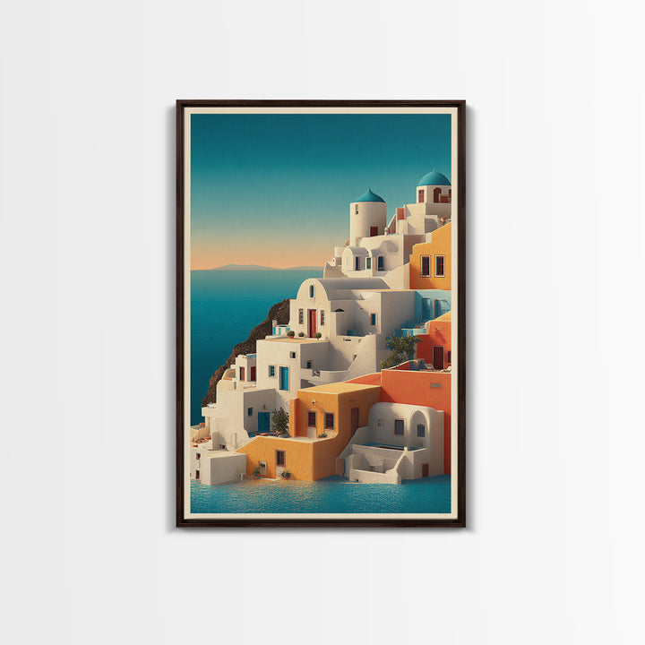Santorini White Buildings and Cobalt Water Framed Canvas Print, Travel Poster(2), Landscape Art, Living Room Decor, Voyage, TPO-2x3-36