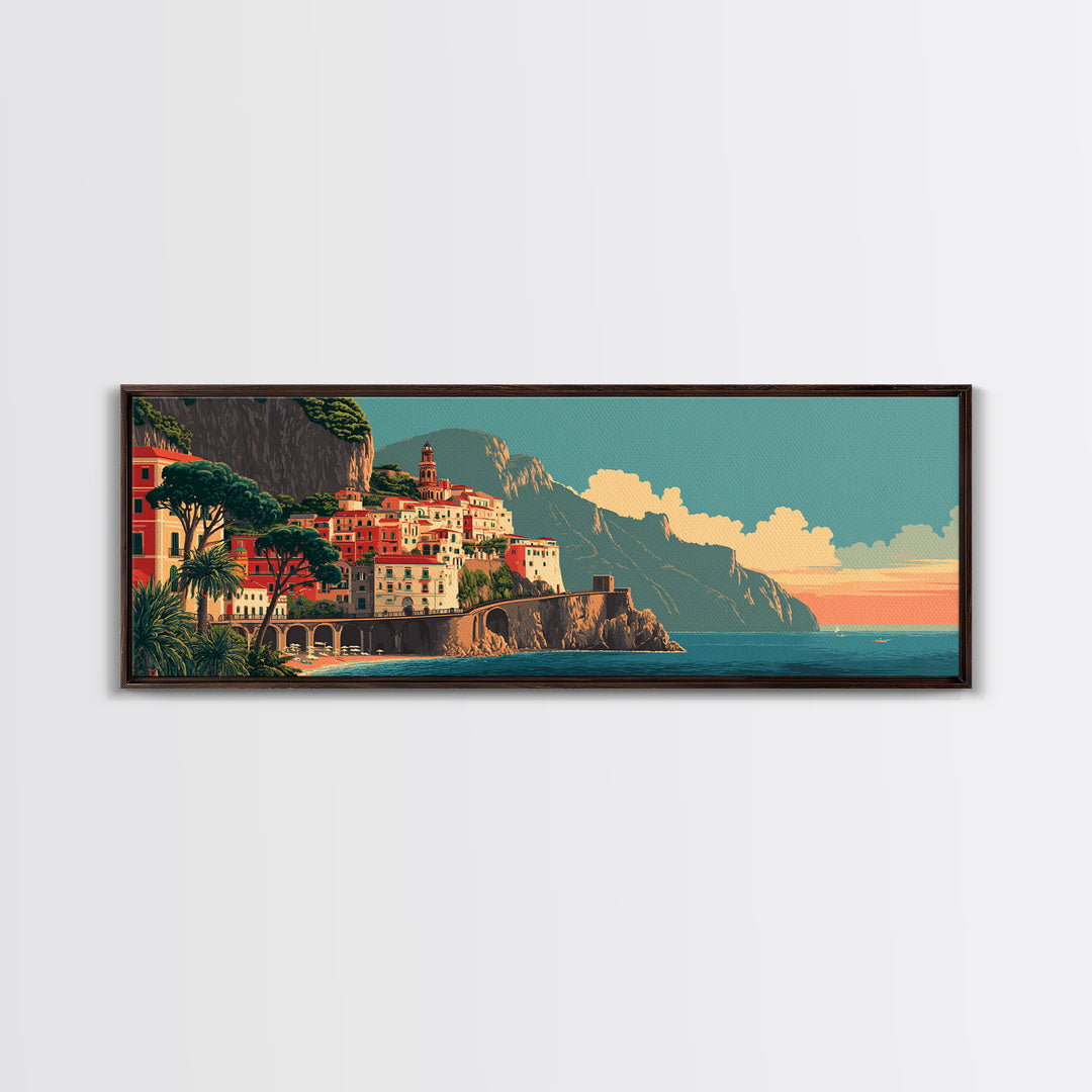 Retro Amalfi Coast Cliffs Framed Canvas Print, Travel Poster(2), Wall Hanging, Living Room Decor, Voyage, Landscape Art, TPO-3x1-18