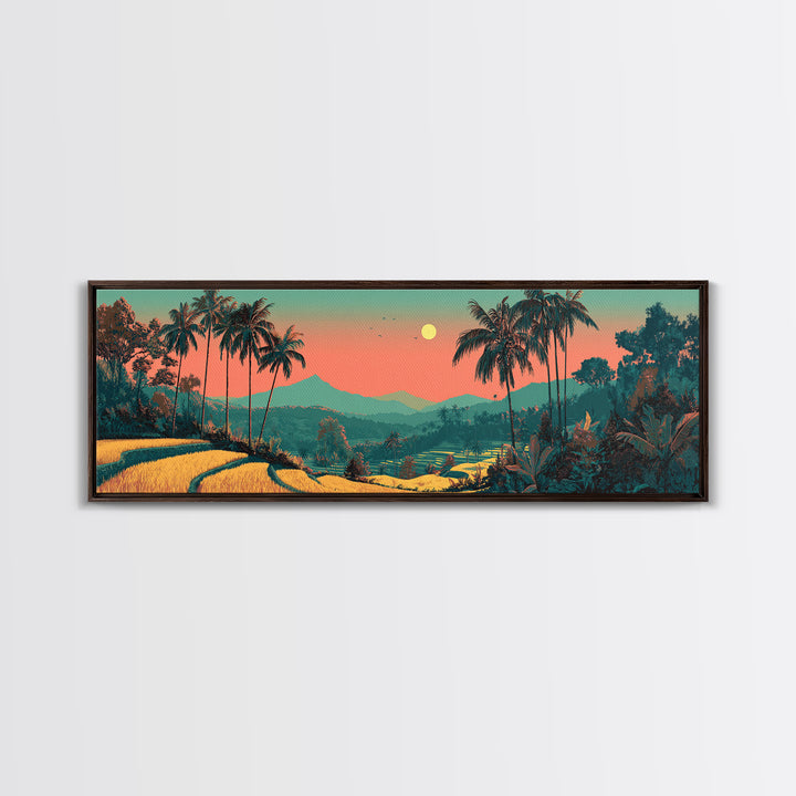 Bali Rice Terraces and Jungle Palms Framed Canvas Print, Travel Poster(2), Colorful Wall Art, Living Room Decor, Voyage, TPO-3x1-53