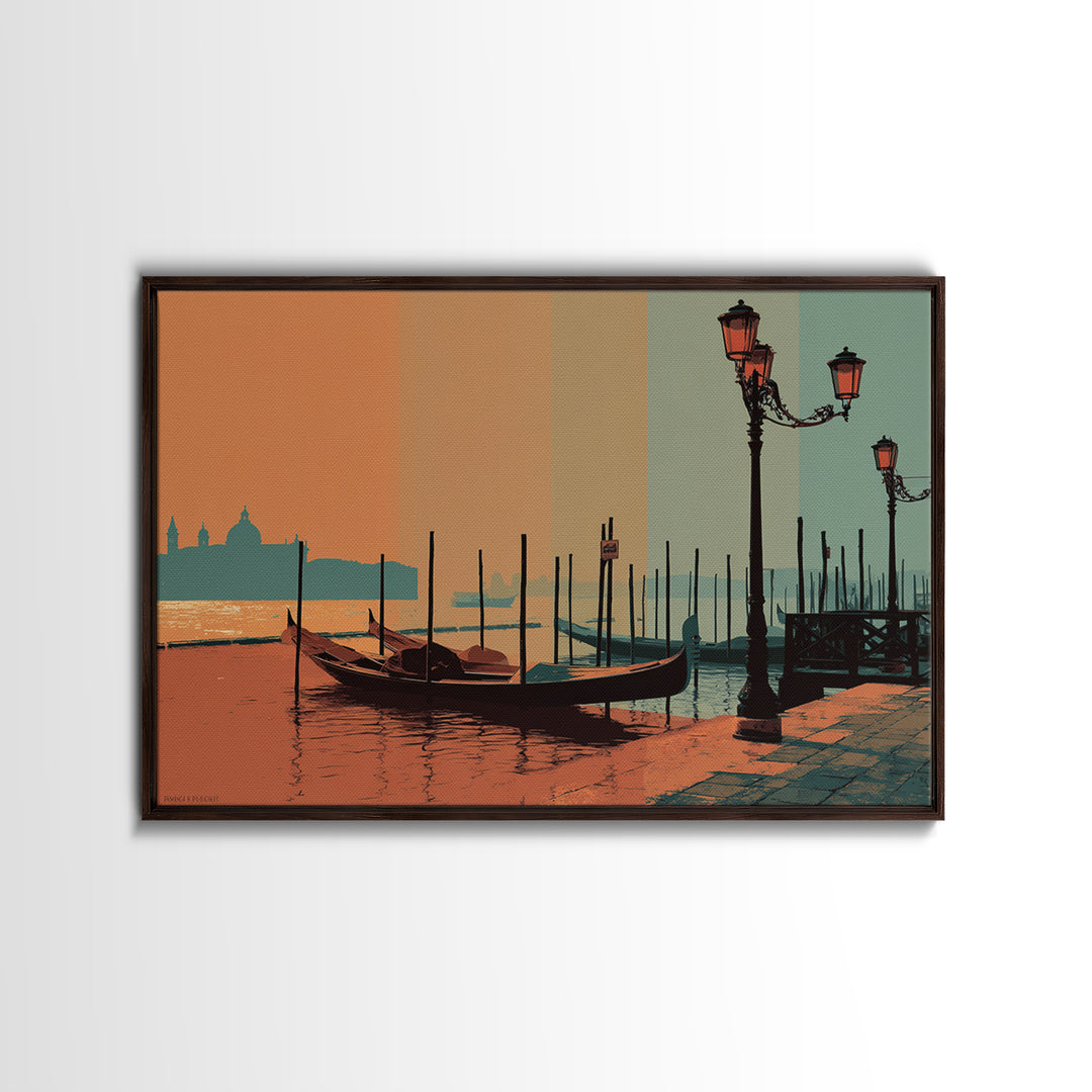 Venice Gondola Silhouette Framed Canvas Print, Travel Poster(2), Gallery Decor, Living Room Decor, Fine Art, Voyage, TPO-3x2-64