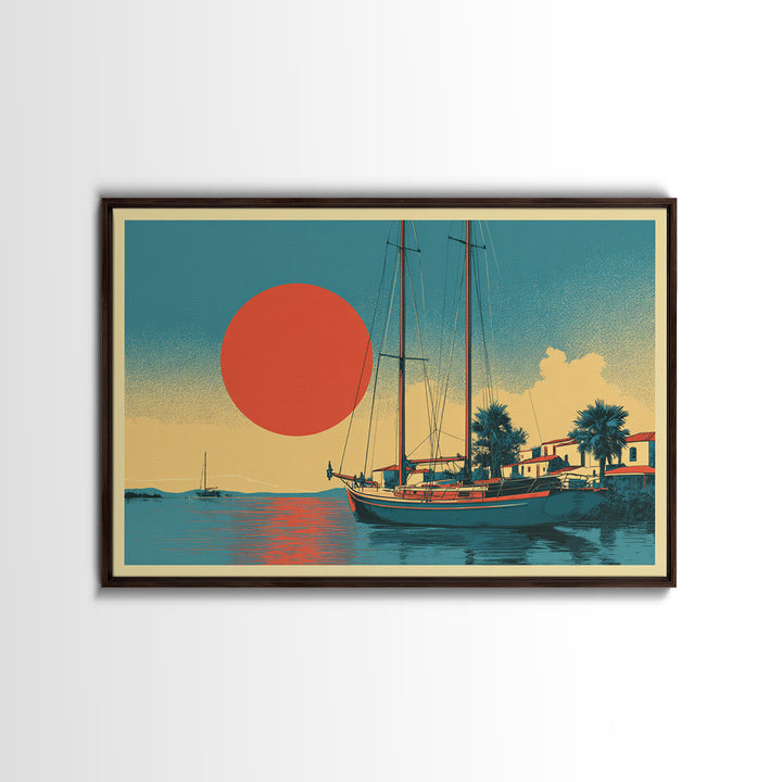 Greek Island Sailboat and Sun Poster Canvas Print, Travel Poster(2), Wall Decor, Living Room Decor, Fine Art, Voyage, TPO-3x2-68