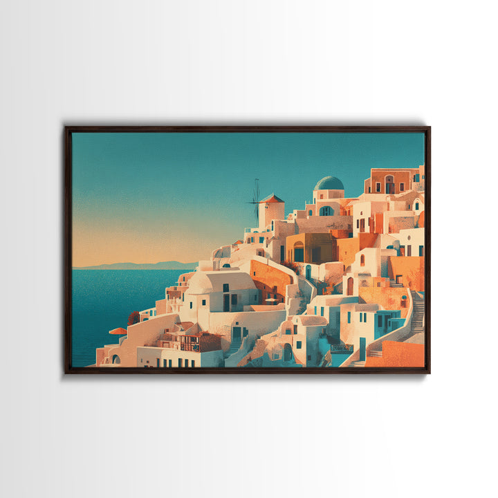 Santorini White Buildings and Cobalt Water Framed Canvas Print, Travel Poster(2), Retro Wall Art, Living Room Decor, Voyage, TPO-3x2-8