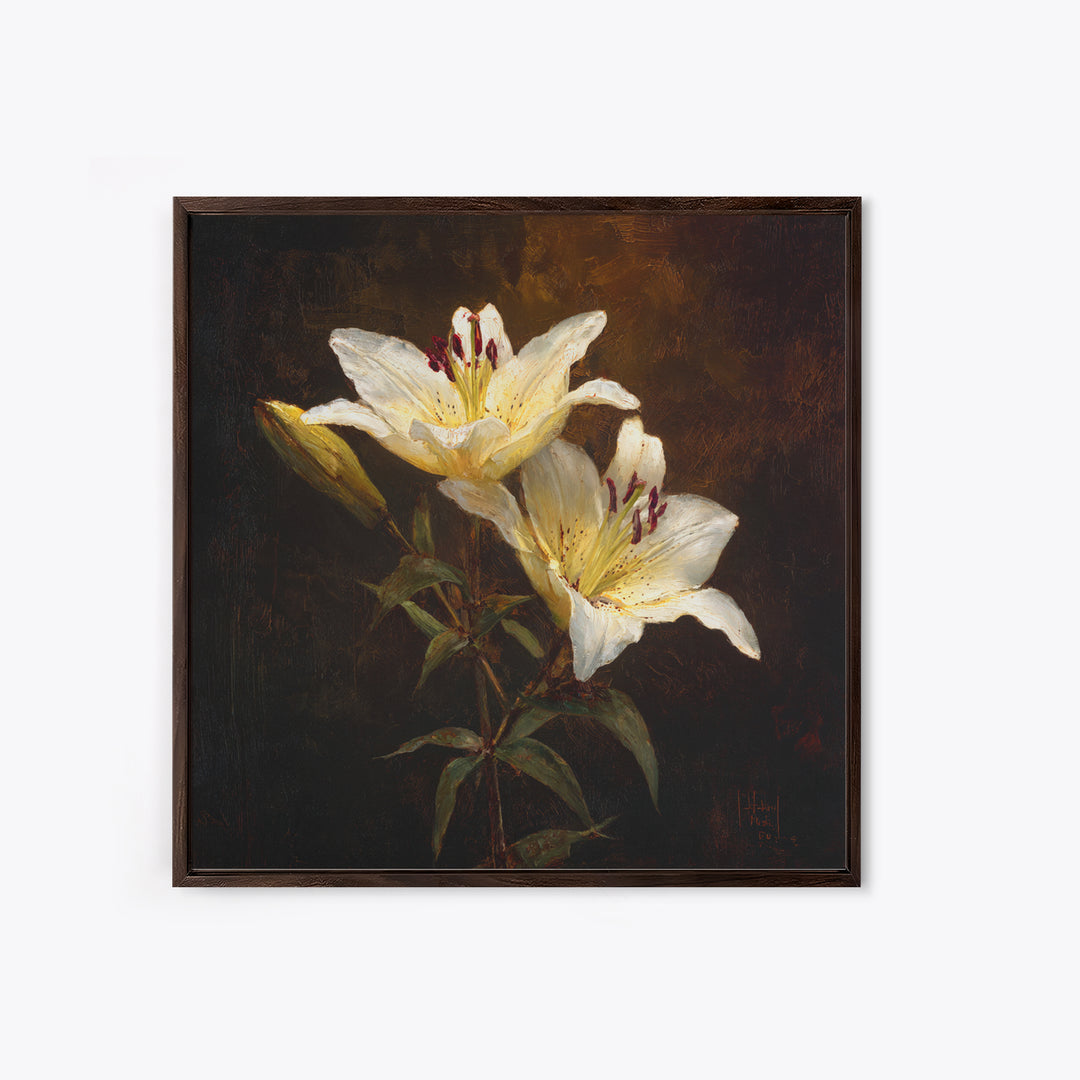White Lilies on Dark Background Canvas Print, Traditional Art, Digital Print, Living Room Decor, Oil Painting, Classic, TRA-1x1-15