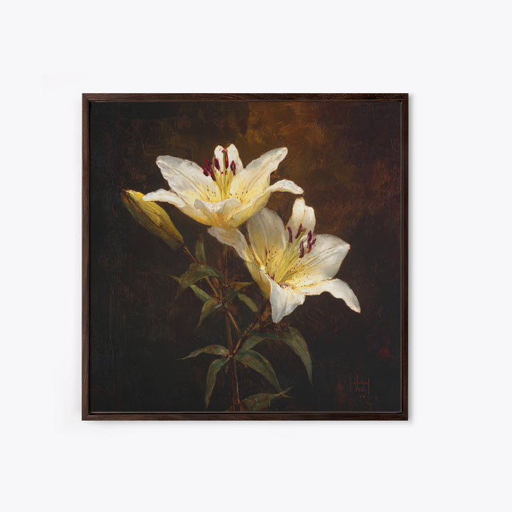 White Lilies on Dark Background Canvas Print, Traditional Art, Digital Print, Living Room Decor, Oil Painting, Classic, TRA-1x1-15