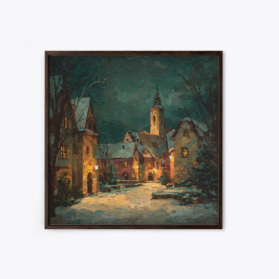 Snowy Village Landscape at Twilight Canvas Print, Traditional Art, Printable Art, Living Room Decor, Watercolor Art, Classic, TRA-1x1-19