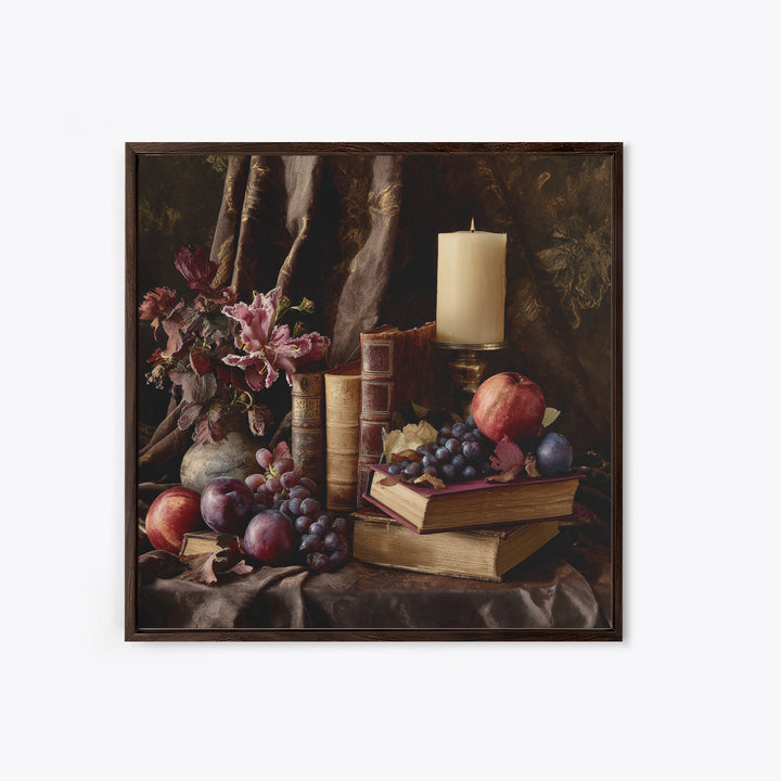 Still Life of Books Candle and Fruit Canvas Print, Traditional Art, Painting, Living Room Decor, Classic, Art Commissions, TRA-1x1-20