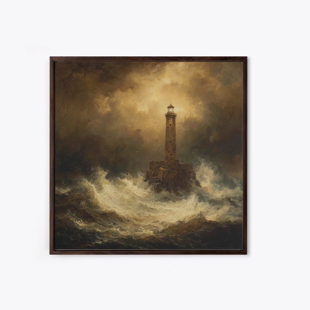 Lighthouse with Crashing Waves Framed Canvas Print, Traditional Art, Neutral Decor, Living Room Decor, Fine Art, Classic, TRA-1x1-21