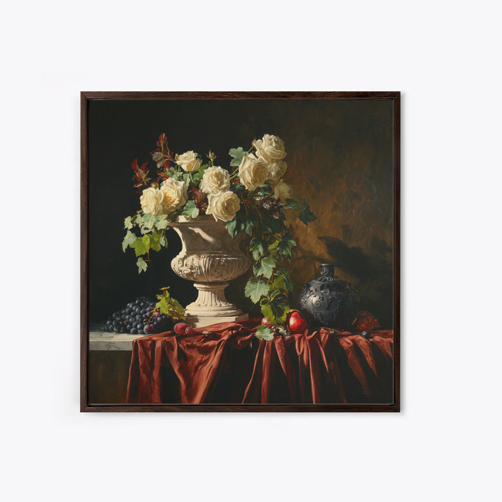 Garden Urn with Roses and Ivy Framed Canvas Print, Traditional Art, Indian Wall Art, Living Room Decor, Watercolor Art, Classic, TRA-1x1-24
