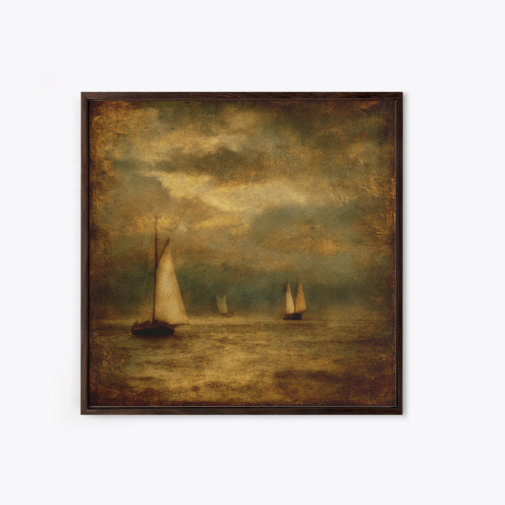 Seascape with Sailboats and Cloudy Sky Framed Canvas Print, Traditional Art, Textured Painting, Living Room Decor, Classic, TRA-1x1-29