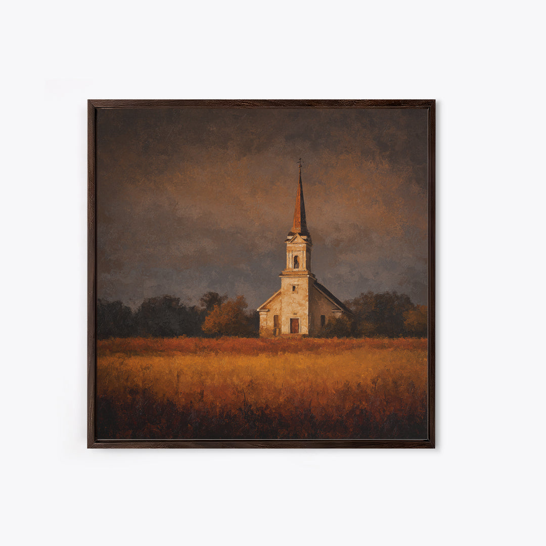 Church Steeple Across Rural Meadow Framed Canvas Print, Traditional Art, Boho Decor, Living Room Decor, Fine Art, Classic, TRA-1x1-37