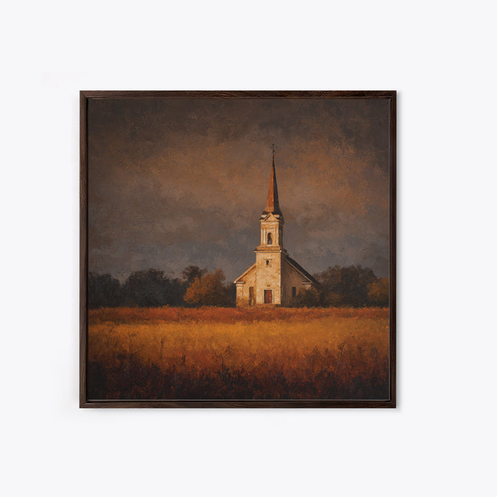 Church Steeple Across Rural Meadow Framed Canvas Print, Traditional Art, Boho Decor, Living Room Decor, Fine Art, Classic, TRA-1x1-37