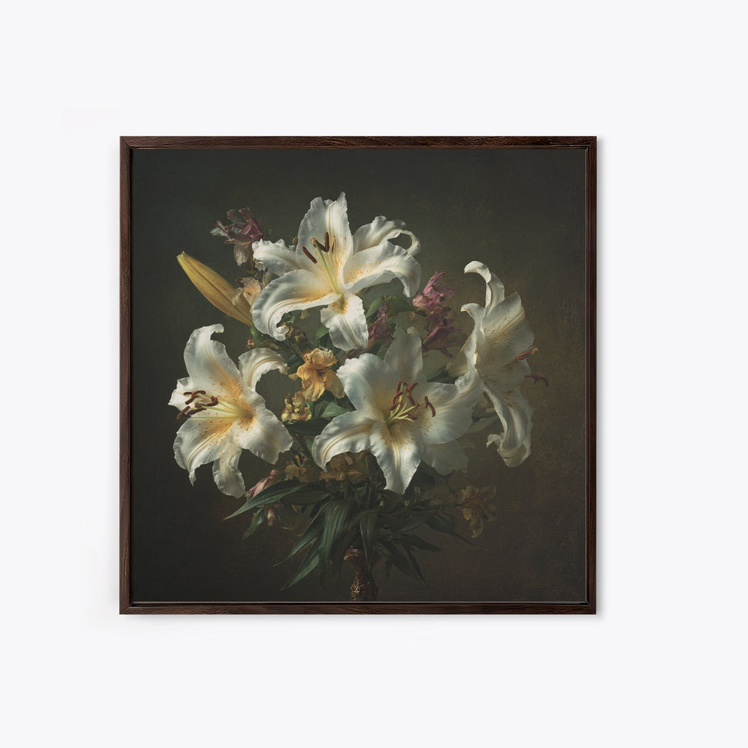 White Lilies on Dark Background Framed Canvas Print, Traditional Art, Custom Art, Living Room Decor, Fine Art, Classic, TRA-1x1-39
