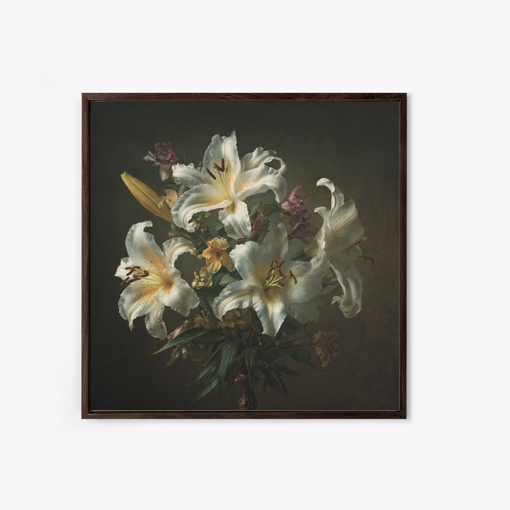 White Lilies on Dark Background Framed Canvas Print, Traditional Art, Custom Art, Living Room Decor, Fine Art, Classic, TRA-1x1-39