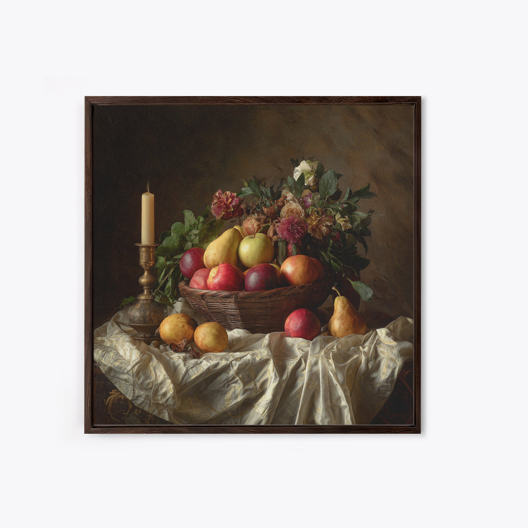 Basket of Apples and Pears on Linen Framed Canvas Print, Traditional Art, Landscape, Living Room Decor, Fine Art, Classic, TRA-1x1-42