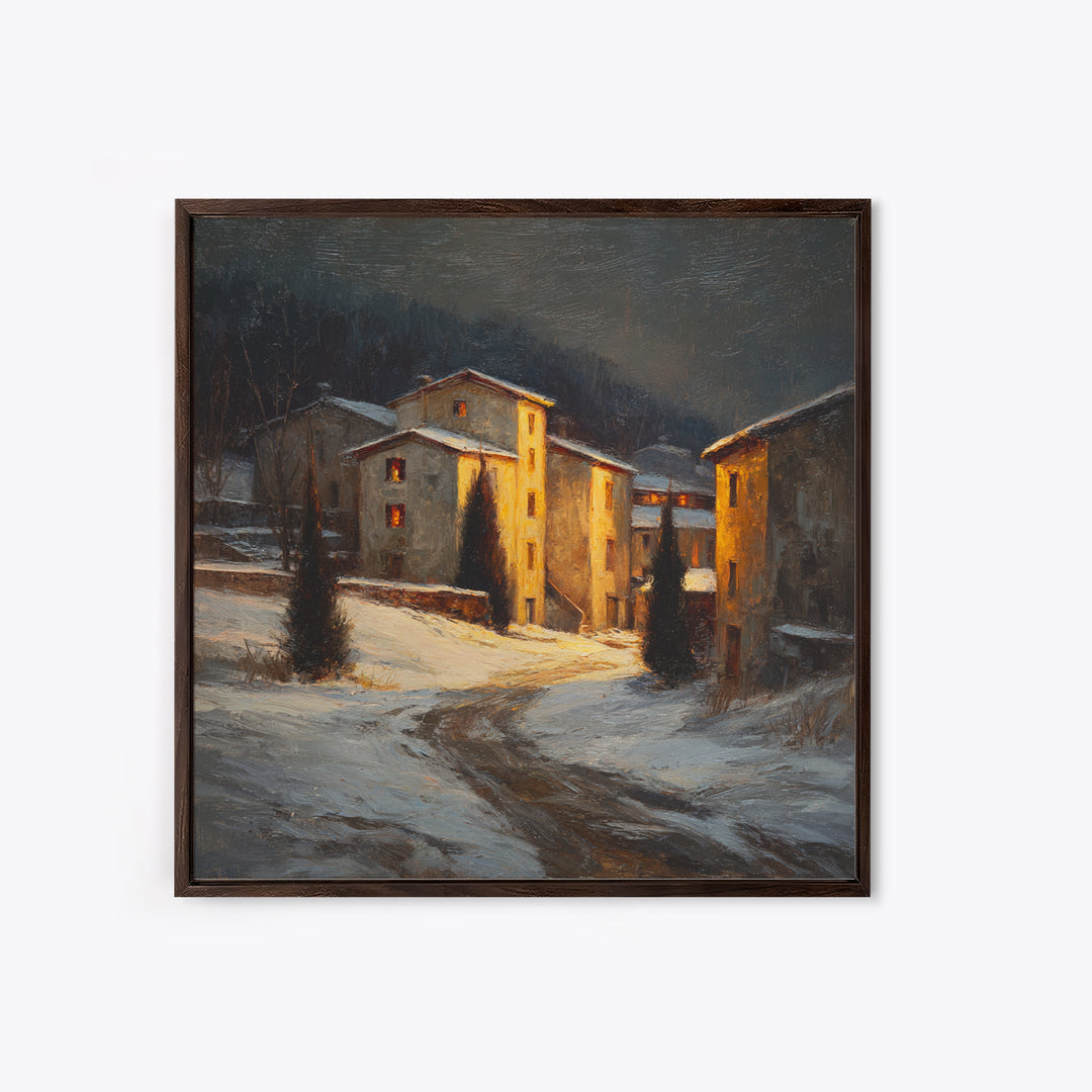 Snowy Village Landscape at Twilight Framed Canvas Print, Traditional Art, Furry Art, Living Room Decor, Fine Art, Classic, TRA-1x1-43